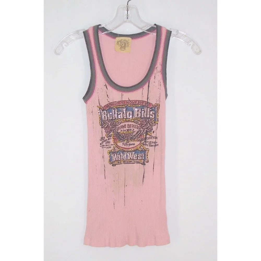 Skinny Minnie Tank Top M Buffalo Bills Rough Riders Pink Ribbed Dirty Wash - Picture 2 of 6